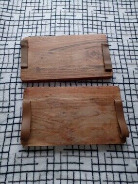 Lot of 2 Wood Serving Trays with Brown Leather Handles FLAWS